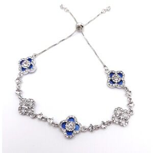 Rhodium Plated Zircon Clover Bracelet Womens Silver Tone Blue Adjustable Jewelry